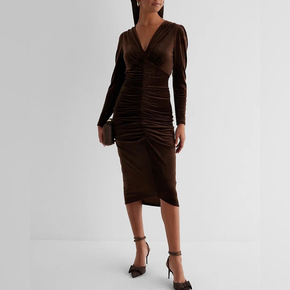 Express Velvet V-Neck Ruched Midi Sheath Dress